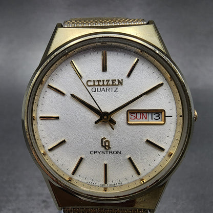 Citizen CQ Crystron Watch Men 34mm White Dial Gold Tone Daydate 4-710240 PARTS