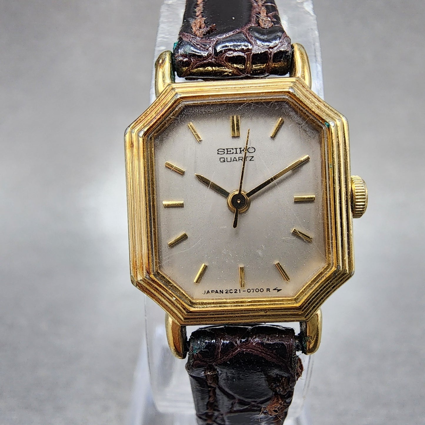 Seiko Tank Watch Women 16mm Gray Dial Gold Tone Octagon 2c215279 New Battery0