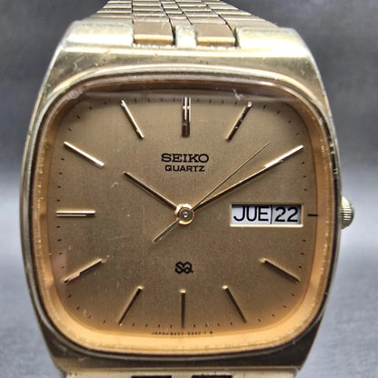 Seiko SQ Watch Men 32mm Gold Dial Gold Tone Daydate 8223-5219 New Battery VTG1