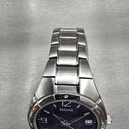Seiko Pulsar Watch Men 38mm Blue Dial Silver Tone Date Round VX42-V051 New Batt4