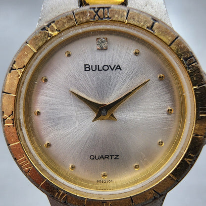 Bulova Watch Women 22mm Silver Dial Two Tone Round 9062101 New Battery