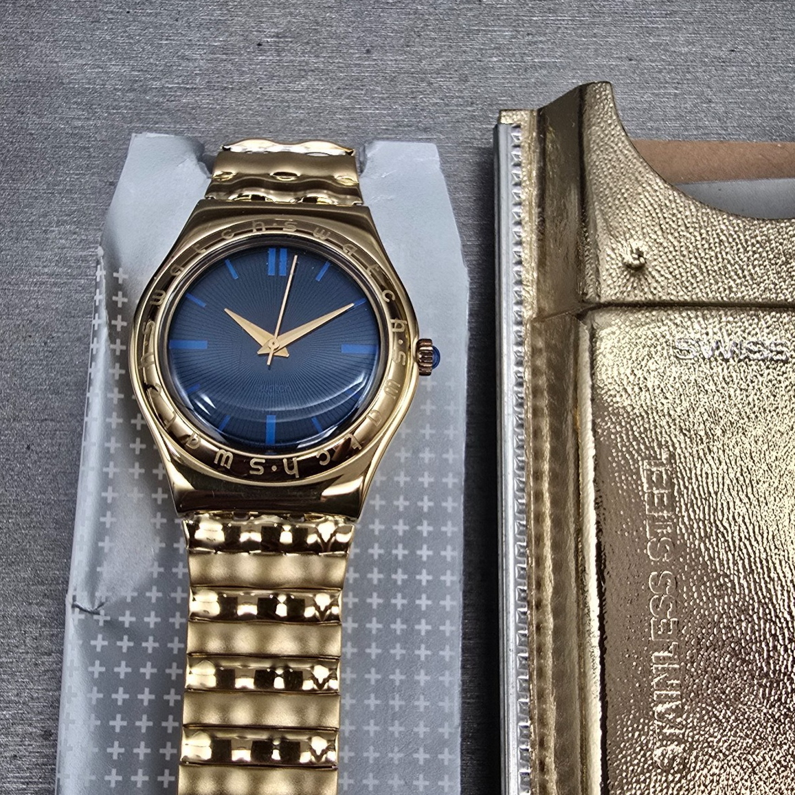 Swatch Irony Medium Evensong Watch Men 33mm Blue Dial Gold YLG110 New Batt NOS0