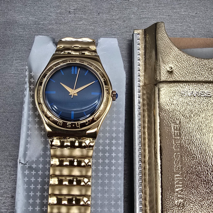 Swatch Irony Medium Evensong Watch Men 33mm Blue Dial Gold YLG110 New Batt NOS0