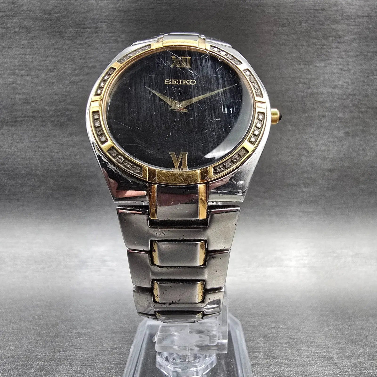 Seiko Watch Men 35mm Black Dial Two Tone Date Diamonds Round 7N39-0BR0 New Batt5