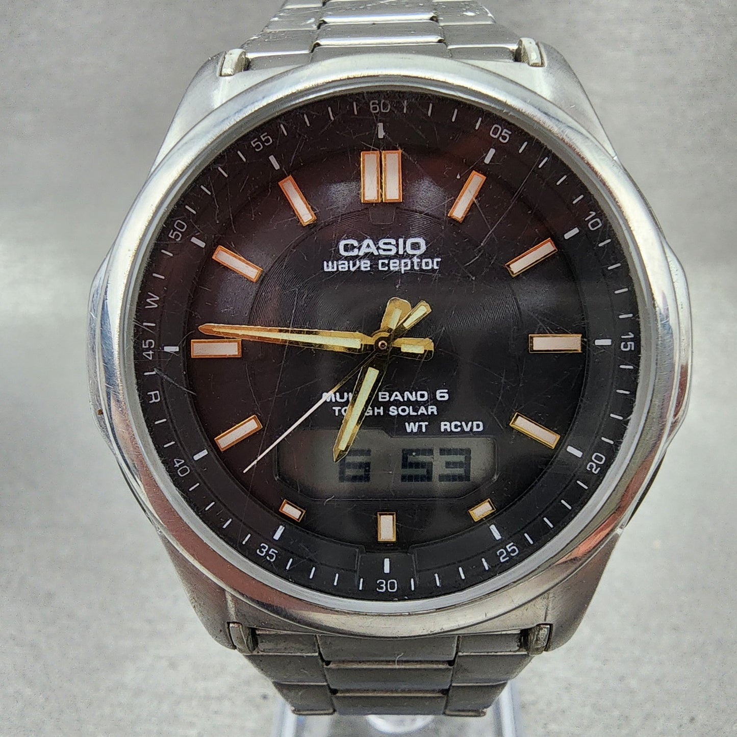 Casio Wave Ceptor Watch Men 42mm Black Dial Steel Solar Analog Digital Works NHB1