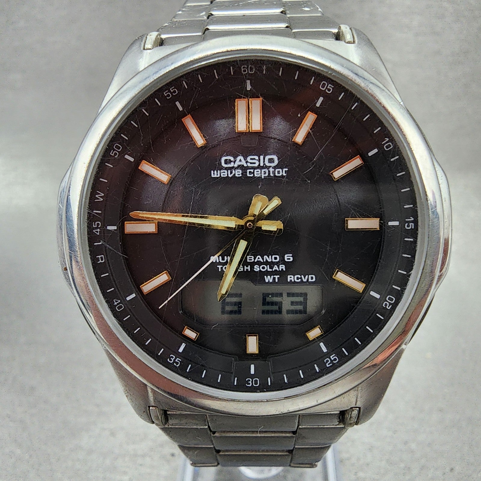 Casio Wave Ceptor Watch Men 42mm Black Dial Steel Solar Analog Digital Works NHB1