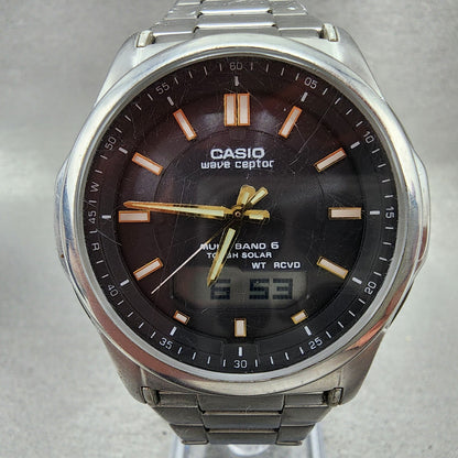 Casio Wave Ceptor Watch Men 42mm Black Dial Steel Solar Analog Digital Works NHB1