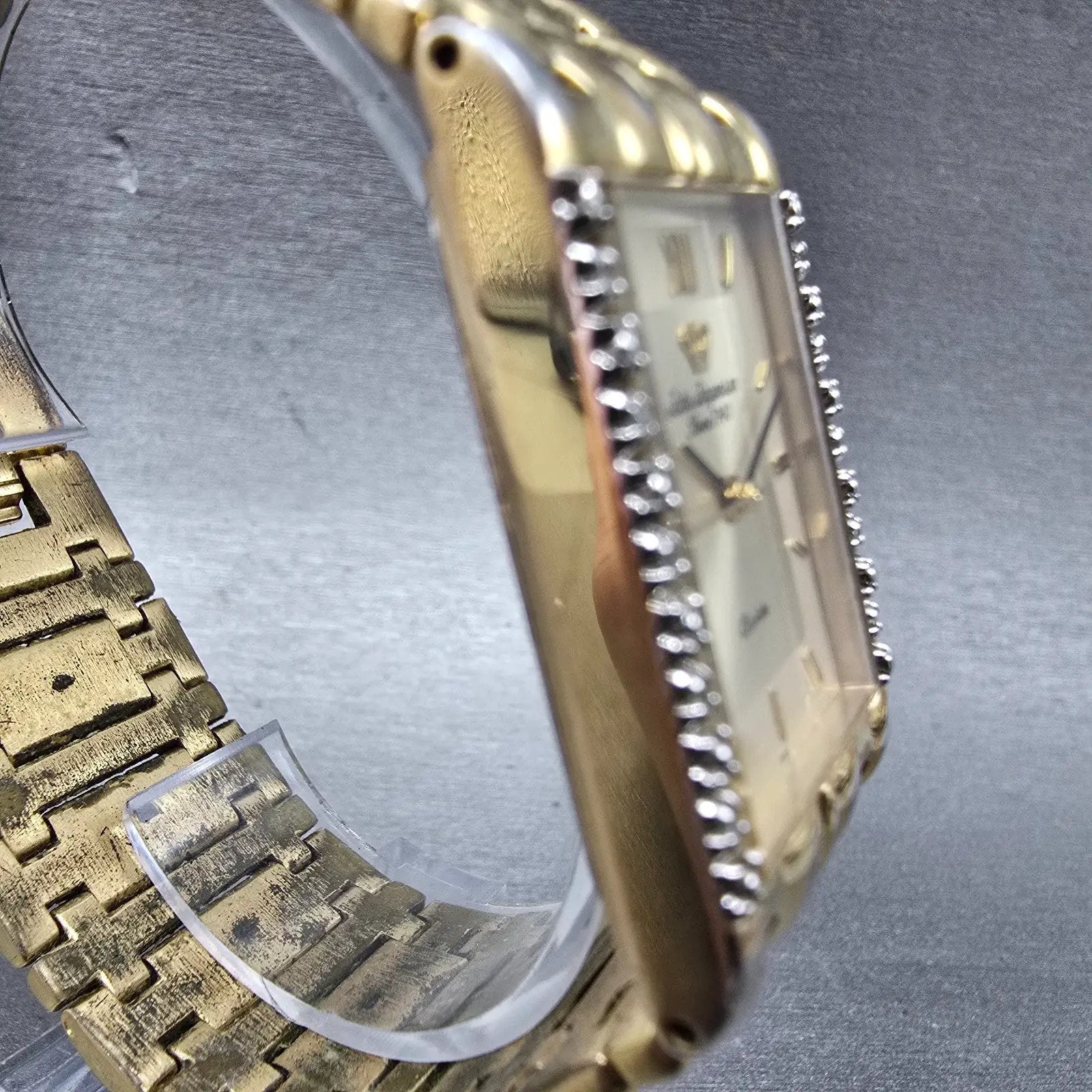 Jules Jurgenson Tank Watch Men 24mm Champagne Dial Gold Tone Rectangle New Batt3