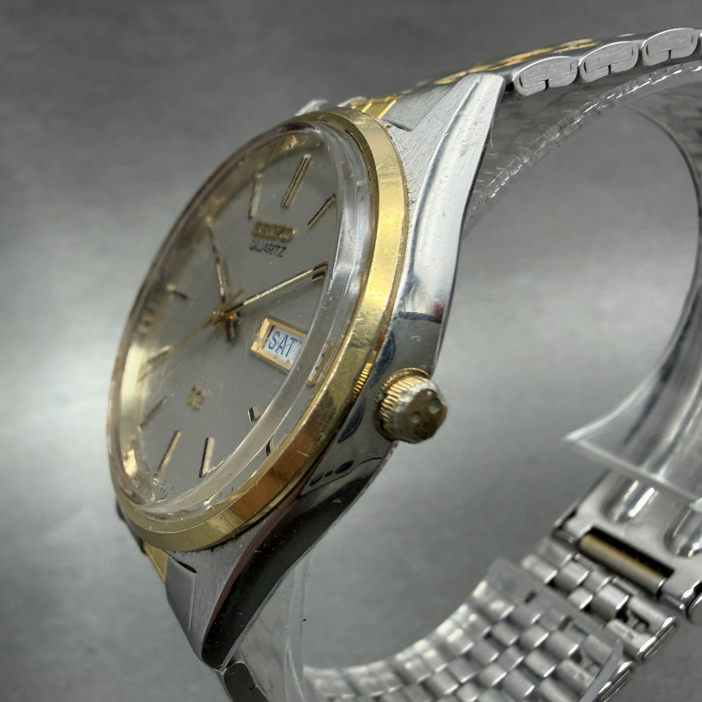 Seiko SQ Watch Men 34mm Silver Dial Two Tone Daydate Round 5H23-7009 New Battery6