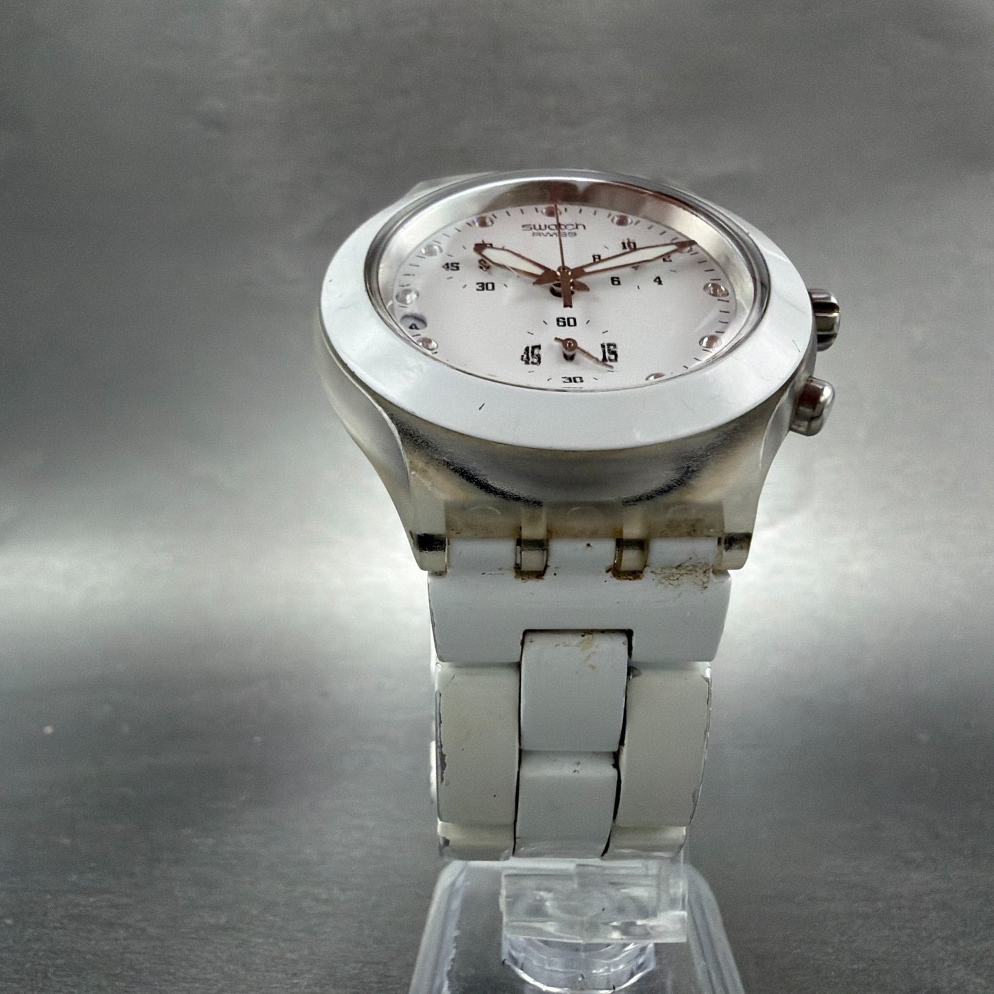Swatch Irony Diaphane Full-Blooded Chrono Watch Men 43mm White Dial Clear NewBat5