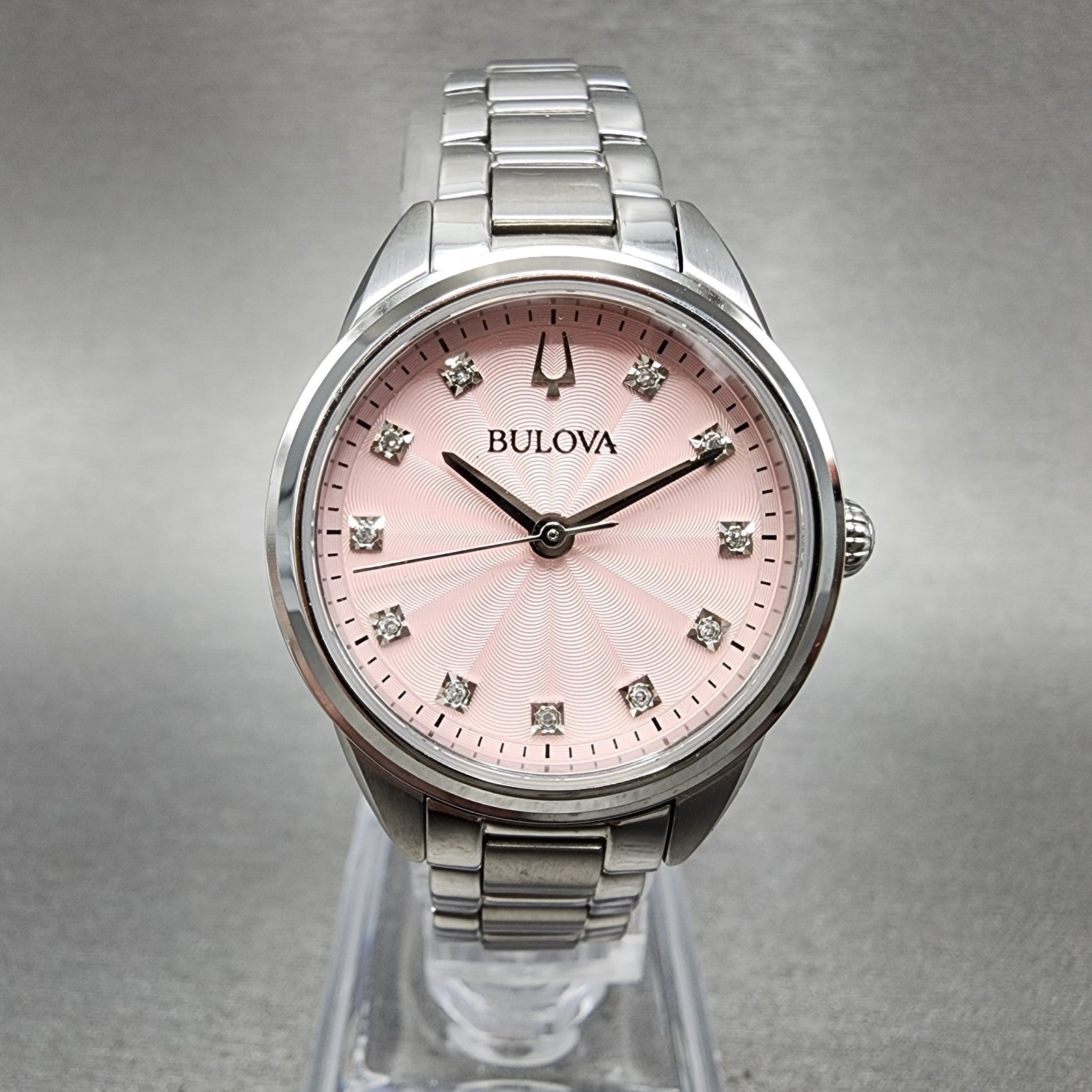Bulova Sutton Watch Women 28mm Pink Dial Steel Round 96P249 New Battery0