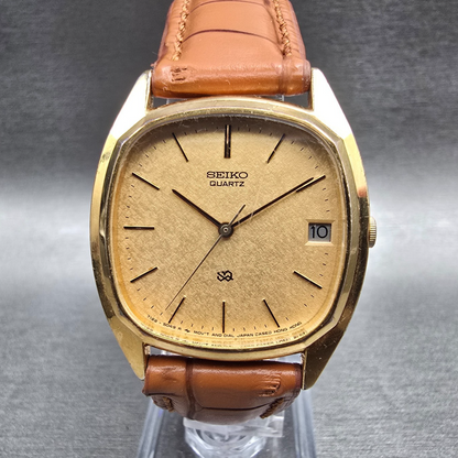 Seiko SQ Watch Men 32mm Gold Dial Gold Tone Date Rectangle 7122-5039 New Battery0