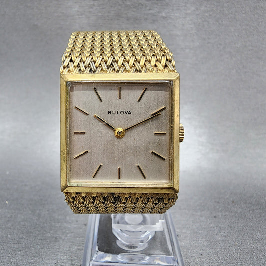 Bulova Tank Watch Men 27mm Gray Dial Gold Tone Rectangle Manual Wind Runs 10CK0