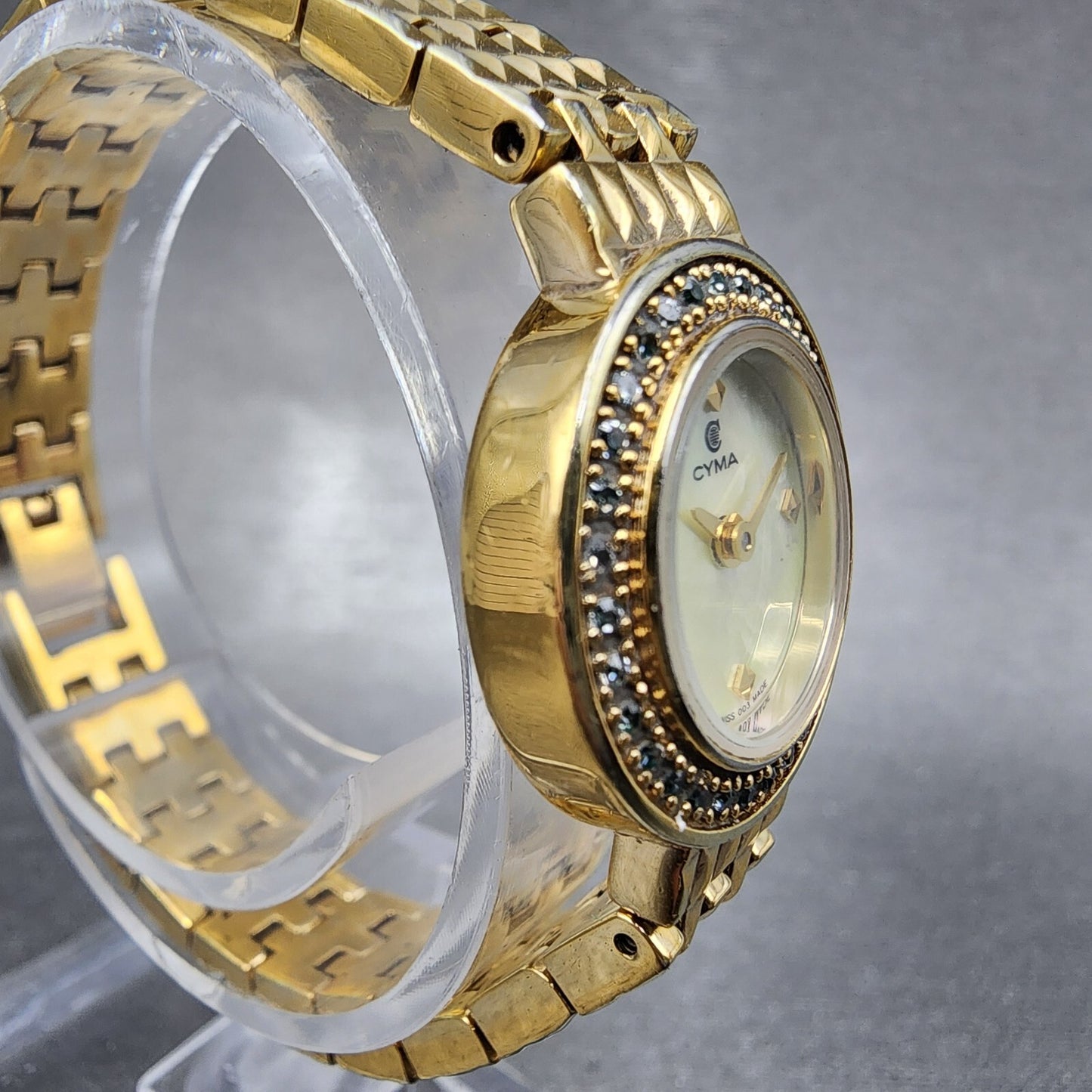 Cyma Watch Women 21mm MOP Dial Gold Tone Crystal bezel Round New Battery3
