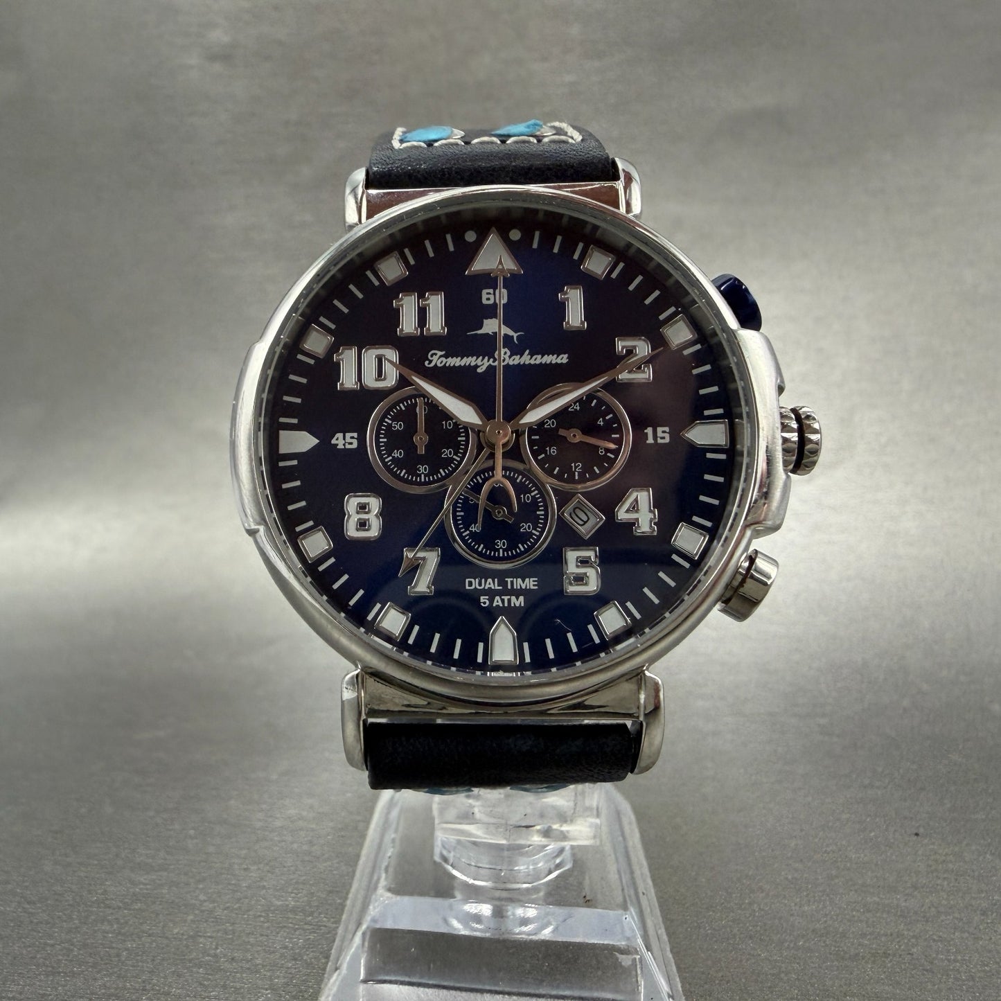 Tommy Bahama Chrono Watch Men 46mm Blue Dial Steel Date Dual Time New Battery6