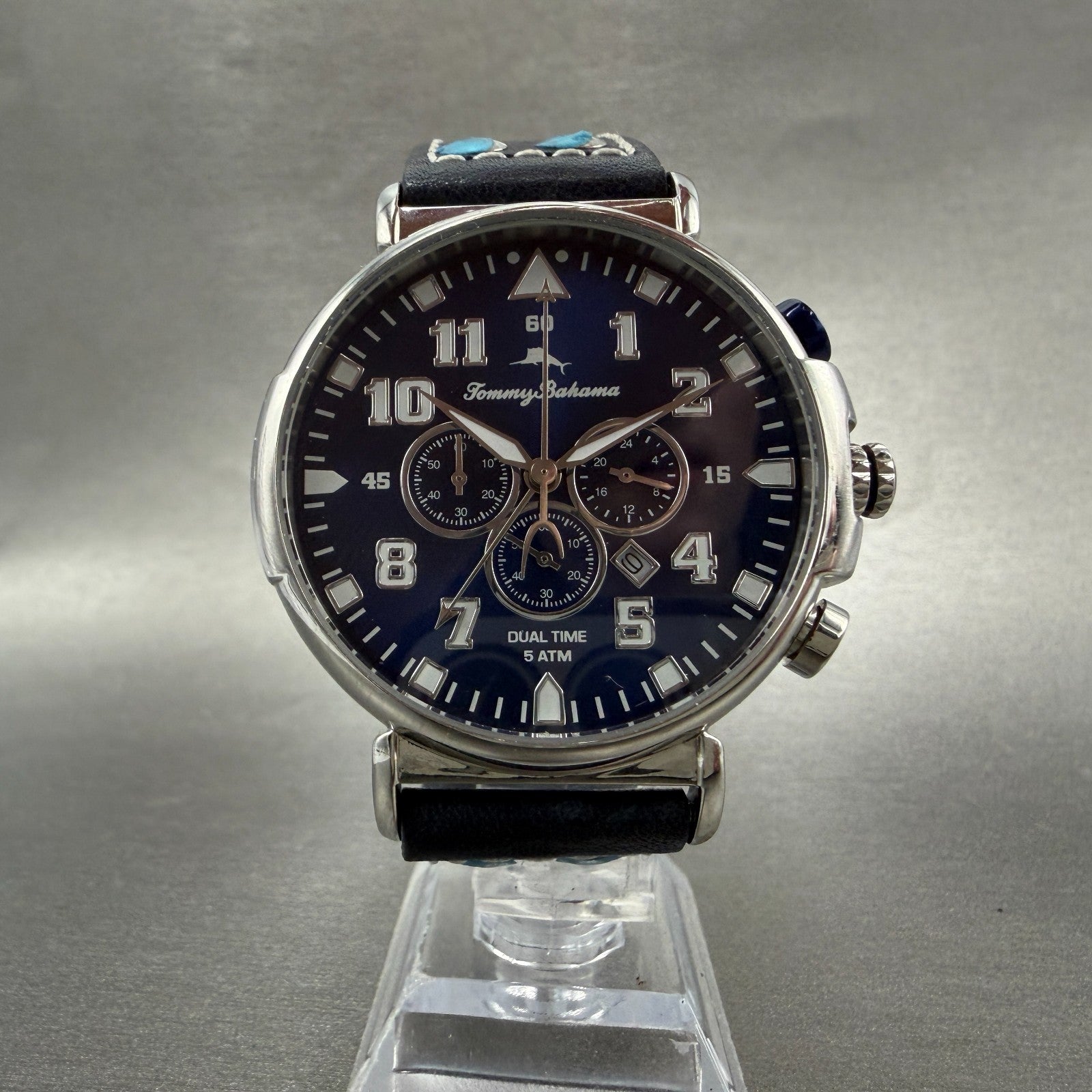 Tommy Bahama Chrono Watch Men 46mm Blue Dial Steel Date Dual Time New Battery6