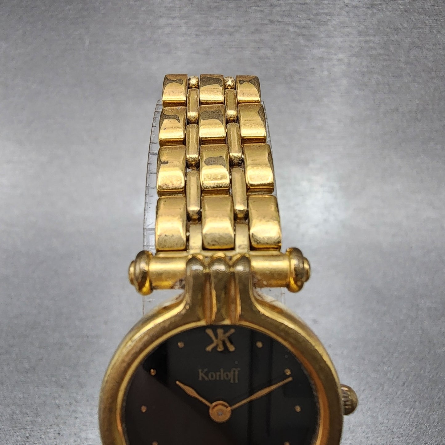 Korloff Watch Women 23mm Black Dial Gold Tone Round New Battery Vintage4