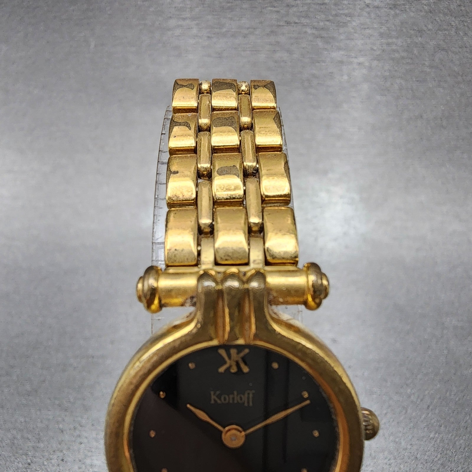 Korloff Watch Women 23mm Black Dial Gold Tone Round New Battery Vintage4