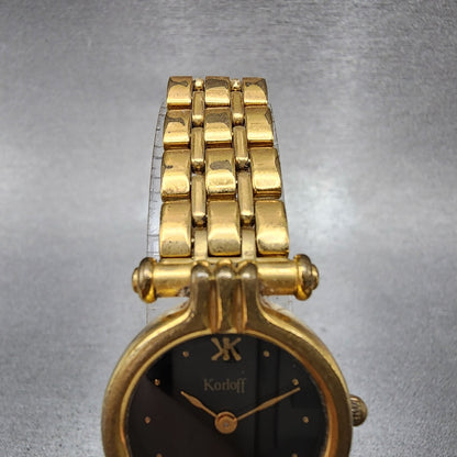 Korloff Watch Women 23mm Black Dial Gold Tone Round New Battery Vintage4