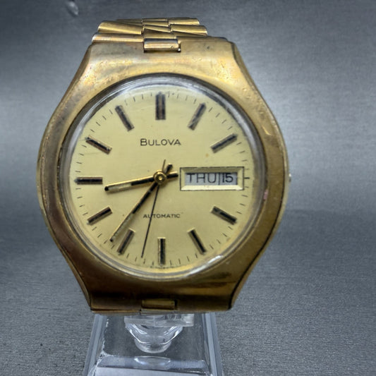 Bulova Watch Men 38mm Gold Dial Gold Tone Daydate Automatic Vintage PARTS0