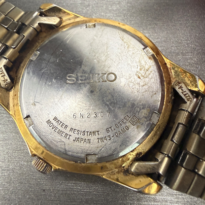 Seiko Watch Men 38mm Gold Dial Gold Tone Daydate Round 7N43-0AM0 New Battery8