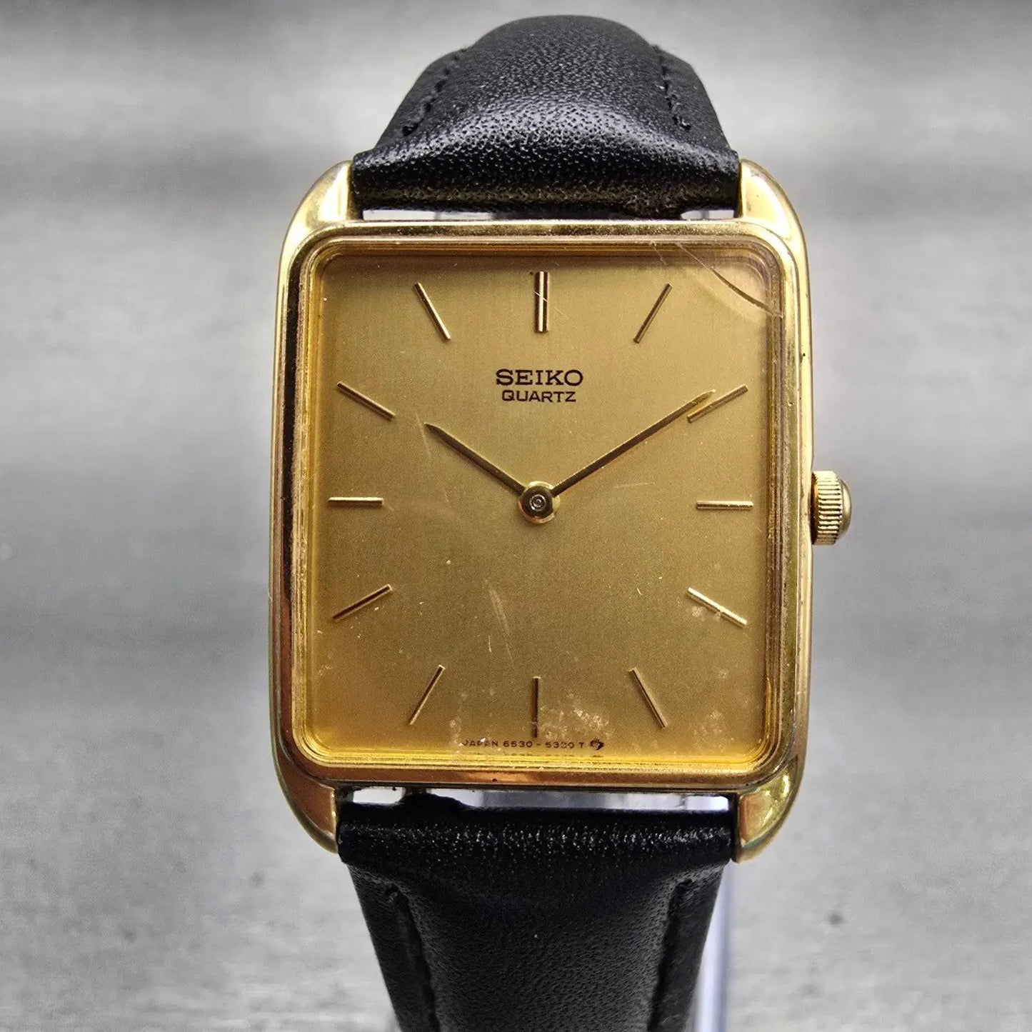 Seiko Watch Men 26mm Gold Dial Gold Tone Rectangle 6530-5209 New Battery Vintage0