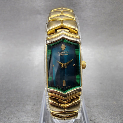 Citizen Elegance Watch Women 13mm Green Dial Gold Tone Hexagon New Battery0