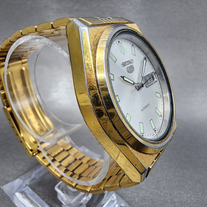 Seiko 5 Automatic Watch Men 38mm White Dial Gold Tone Daydate Round Runs