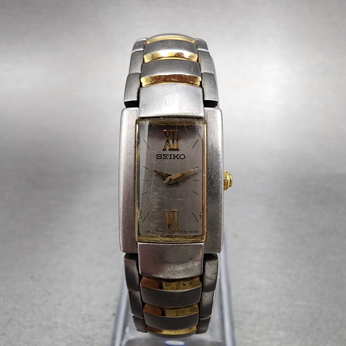 Seiko Tank Watch Women 15mm Silver Dial Two Tone Rectangle 2E200AG0 New Battery0