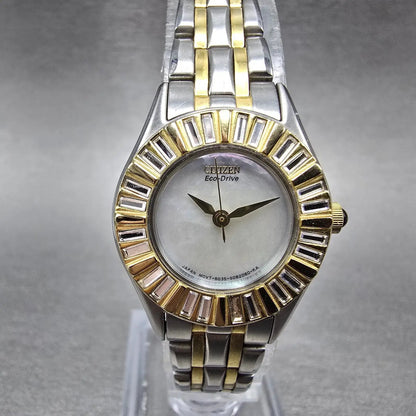 Citizen Eco-Drive Watch Women 24mm MOP Dial Two Tone Crystal Bezel Round Runs0