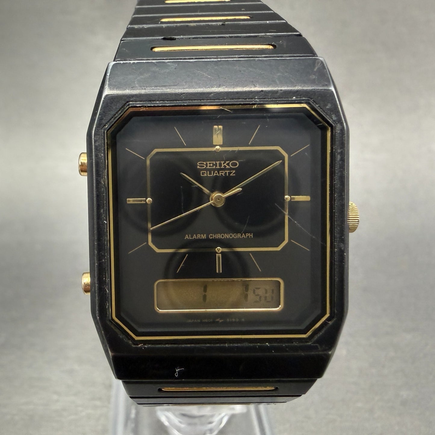 Seiko Analog Digital Watch Men 29mm Black Dial Black Gold Tone H601-5179 New Bat0
