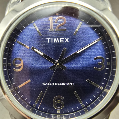 Timex Main Street Watch Men 39mm Blue Dial Silver Tone Round New Battery1