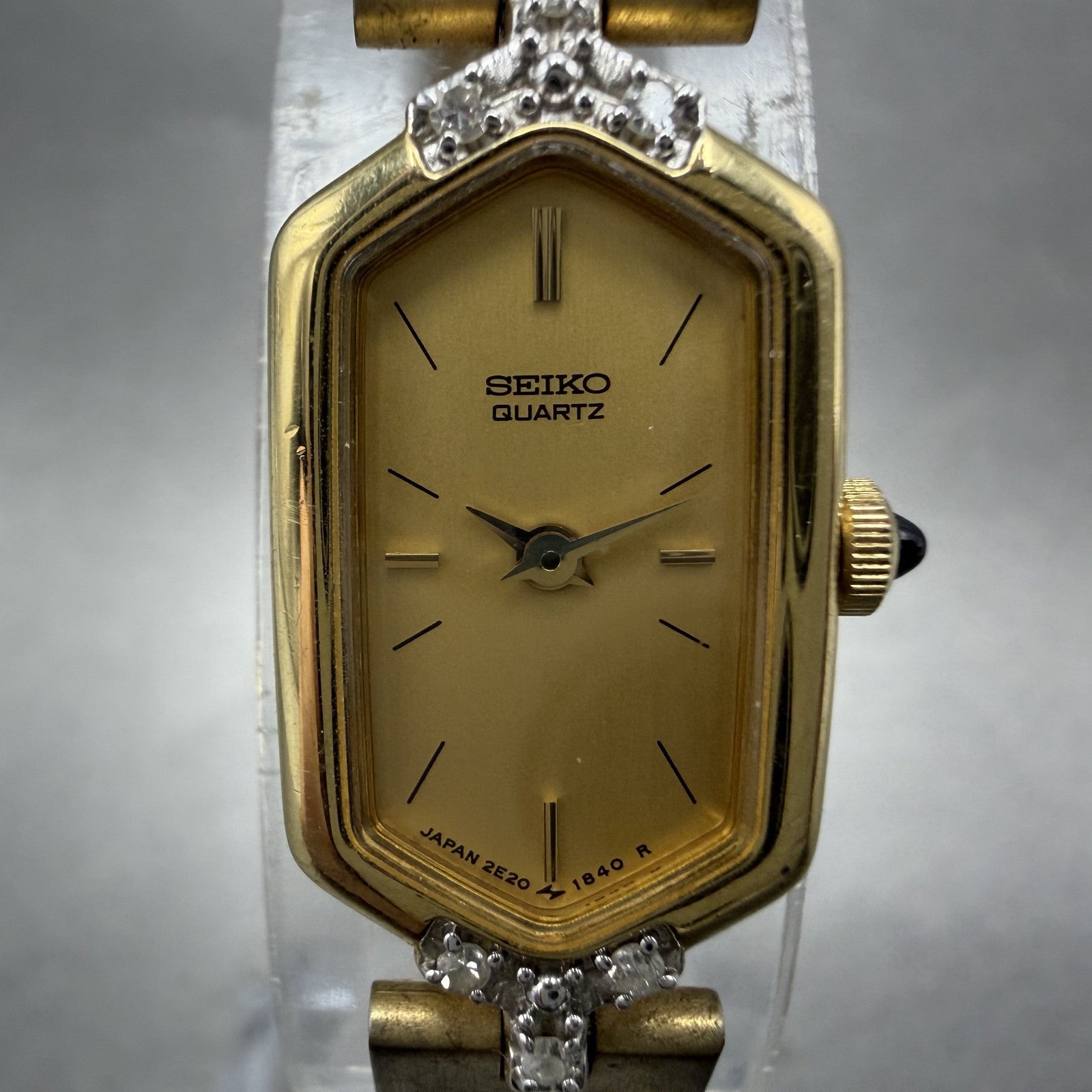Seiko Watch Women 13mm Gold Dial Gold Tone Hexagon 2E20-6459 Diamonds New Batt1