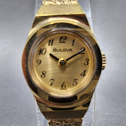 Bulova Watch Women 15mm Gold Dial Gold Tone Round Manual Wind Runs Vintage P01