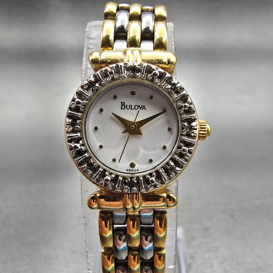 Bulova Watch Women 18mm White Dial Two Tone Gemmed Round 98R24 New Battery0