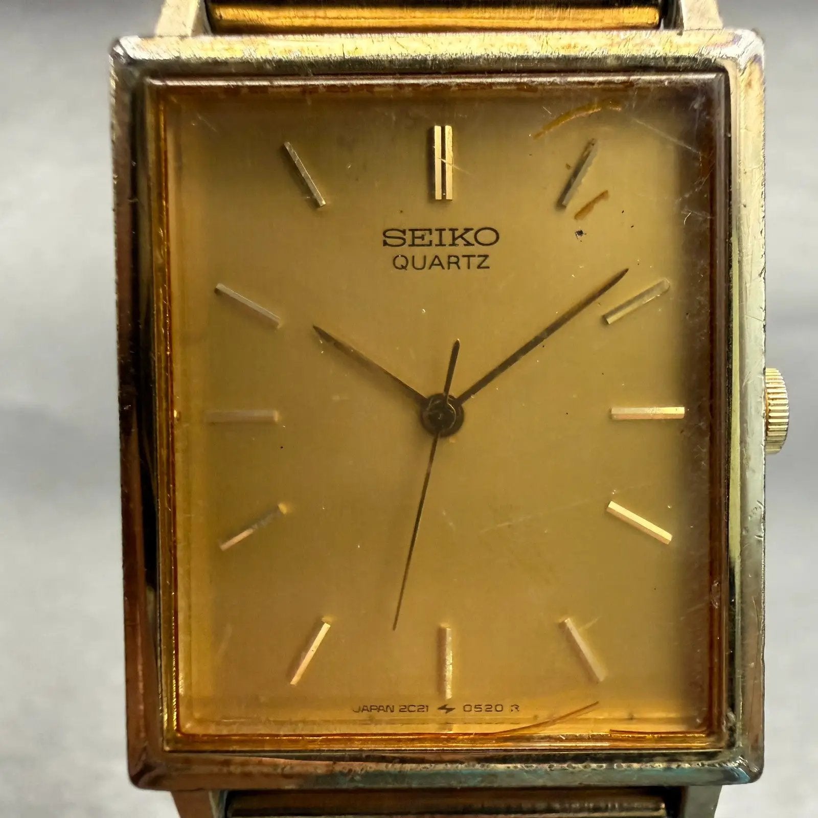 Seiko Watch Men 25mm Gold Dial Gold Tone Rectangle 2C21-5180 New Battery Vintage1