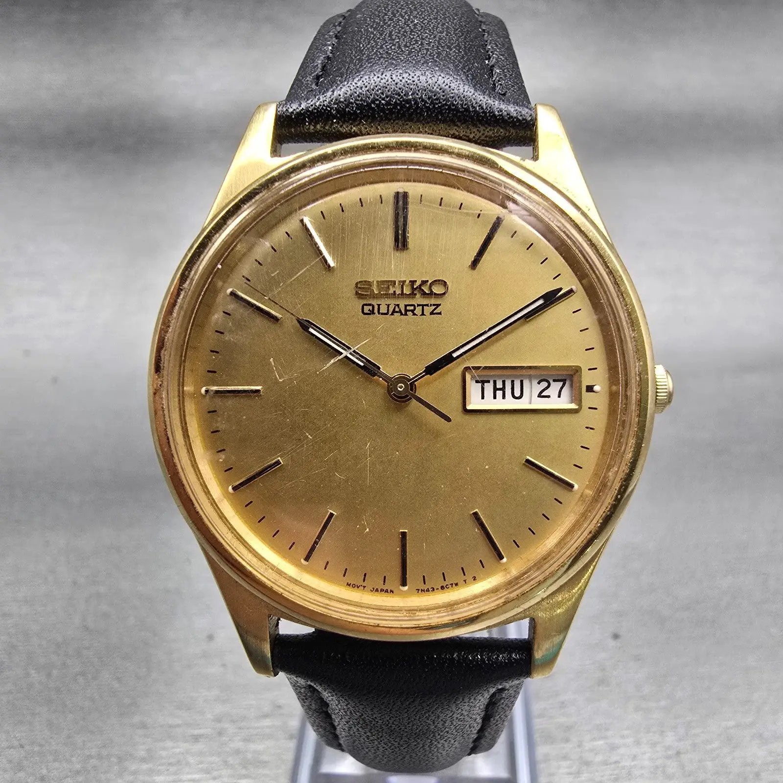 Seiko Watch Men 35mm Gold Dial Gold Tone Daydate Round 7N43-8A39 New Battery VTG0