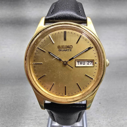 Seiko Watch Men 35mm Gold Dial Gold Tone Daydate Round 7N43-8A39 New Battery VTG0