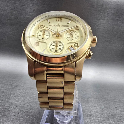 Michael Kors Runway Watch Women 37mm Gold Dial Gold Tone Chrono MK5055 New Batt35