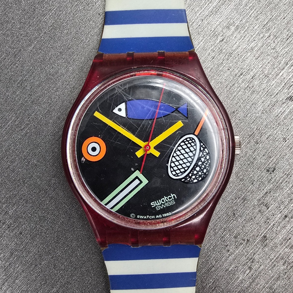 Swatch Fritto Misto Watch Men 34mm Black Dial Red Case Round GR114 New Battery0