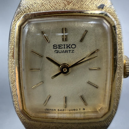 Seiko Watch Women 17mm Champgne Dial Gold Tone Rectangle 5421-5029 New Battery O1