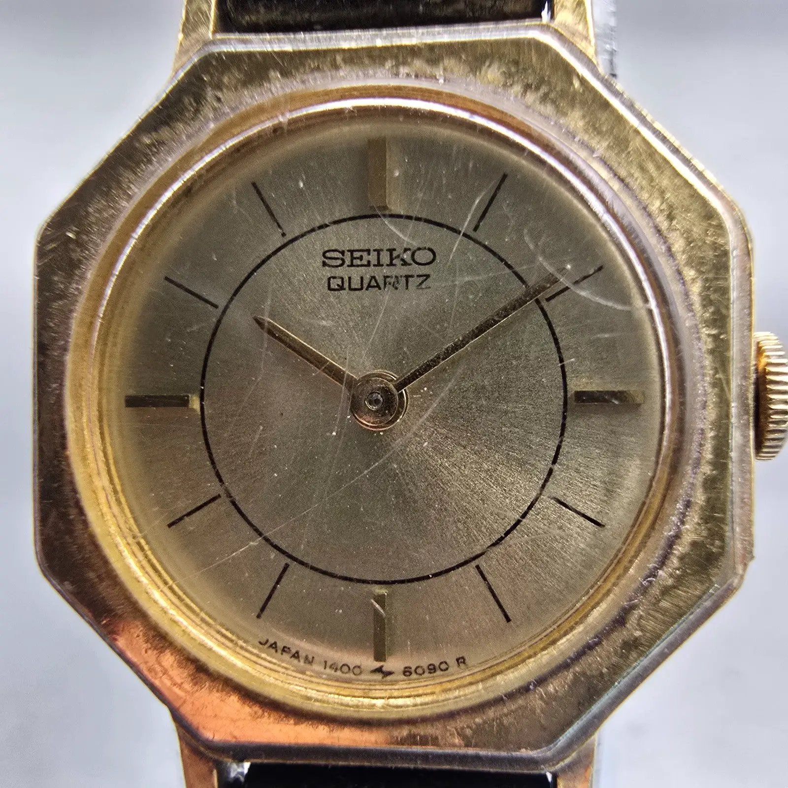 Seiko Watch Women 19mm Gold Dial Gold Tone Octagon 1400-1149 New Battery Vintage1