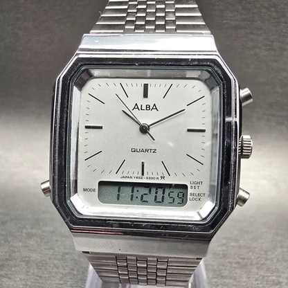 Seiko Alba Watch Men 32mm Silver Dial Silver Tone Daydate Alarm Y652-5290 NewBat0