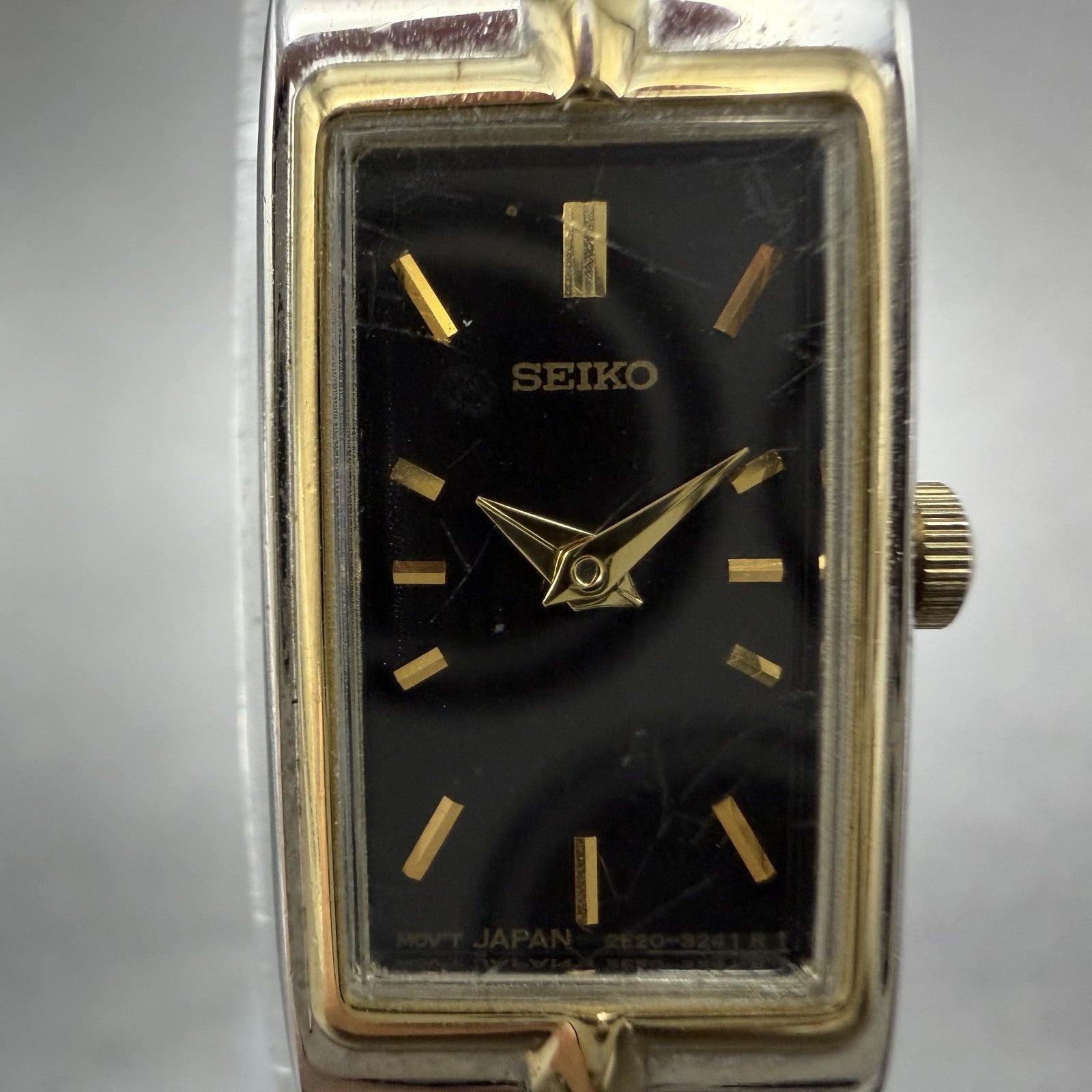 Seiko Tank Watch Women 13mm Black Dial Two Tone Rectangle 2E20-0AY0 New Batt II61