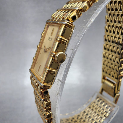 Seiko Tank Watch Women 12mm Champagne Dial Gold Tone 2e205079 New Battery2