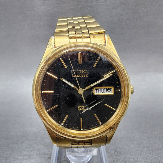 Seiko SQ Watch Men 36mm Black Dial Gold Tone Daydate 5y238049 New Battery0