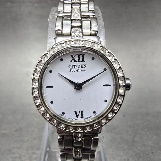 Citizen Watch Women 21mm White Dial Silver Tone Round B023-S028698 Runs Crystals0