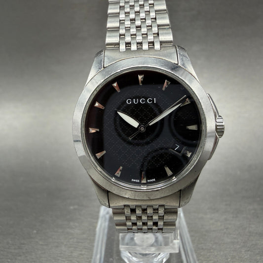 Gucci Watch Women Black Dial Stainless Steel Date Round 126.5 New Battery0