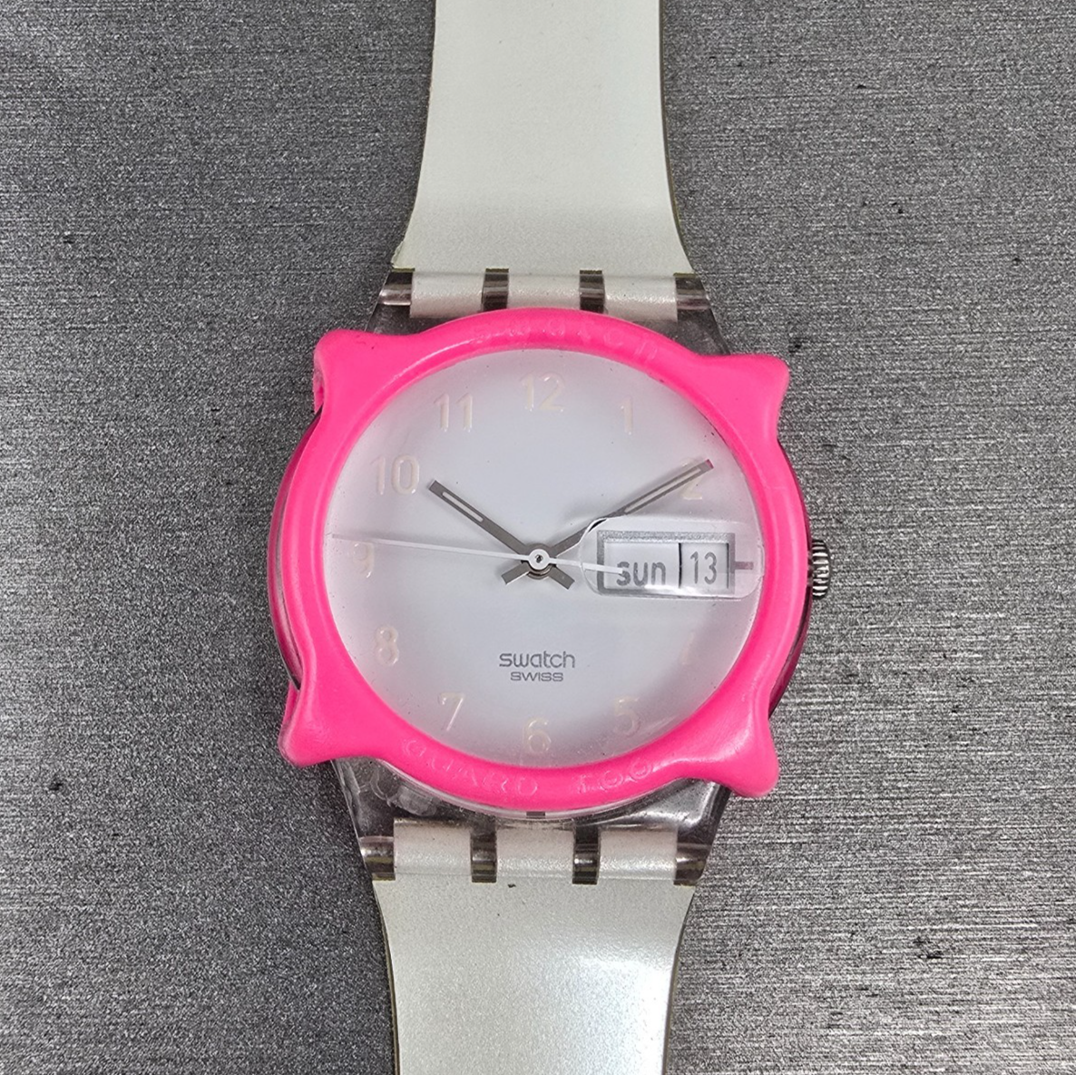 Swatch Snowcovered Watch Men 34mm White Dial Clear Case Daydate GK733 New Batt0