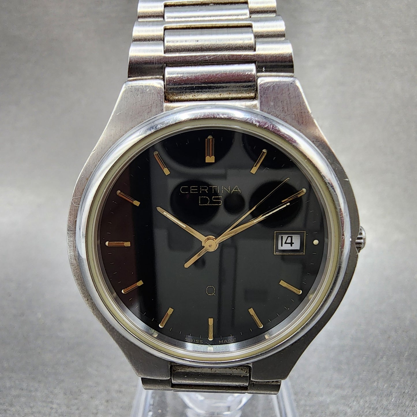 Certina DS Q Watch Men 34mm Black Dial Silver Tone Date Round READ!!! New Batt1